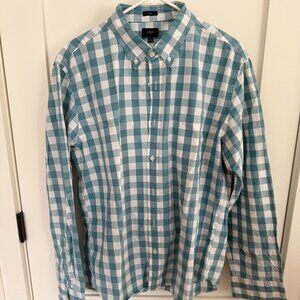 J Crew Men's Slim fit checkered button Down Size XL Teal/Blue and White